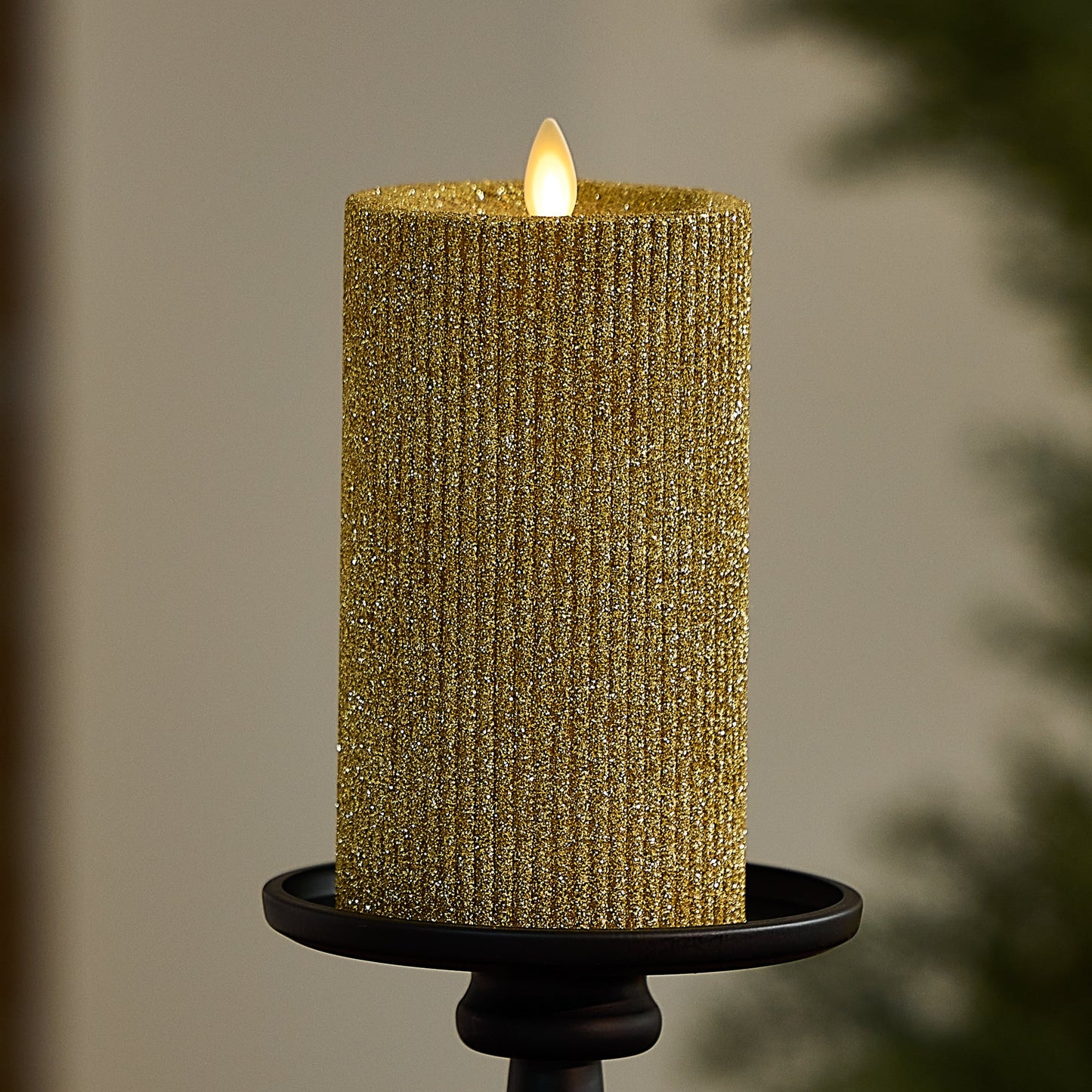 Rich Gold Glitter Ribbed Flameless Candle Pillar