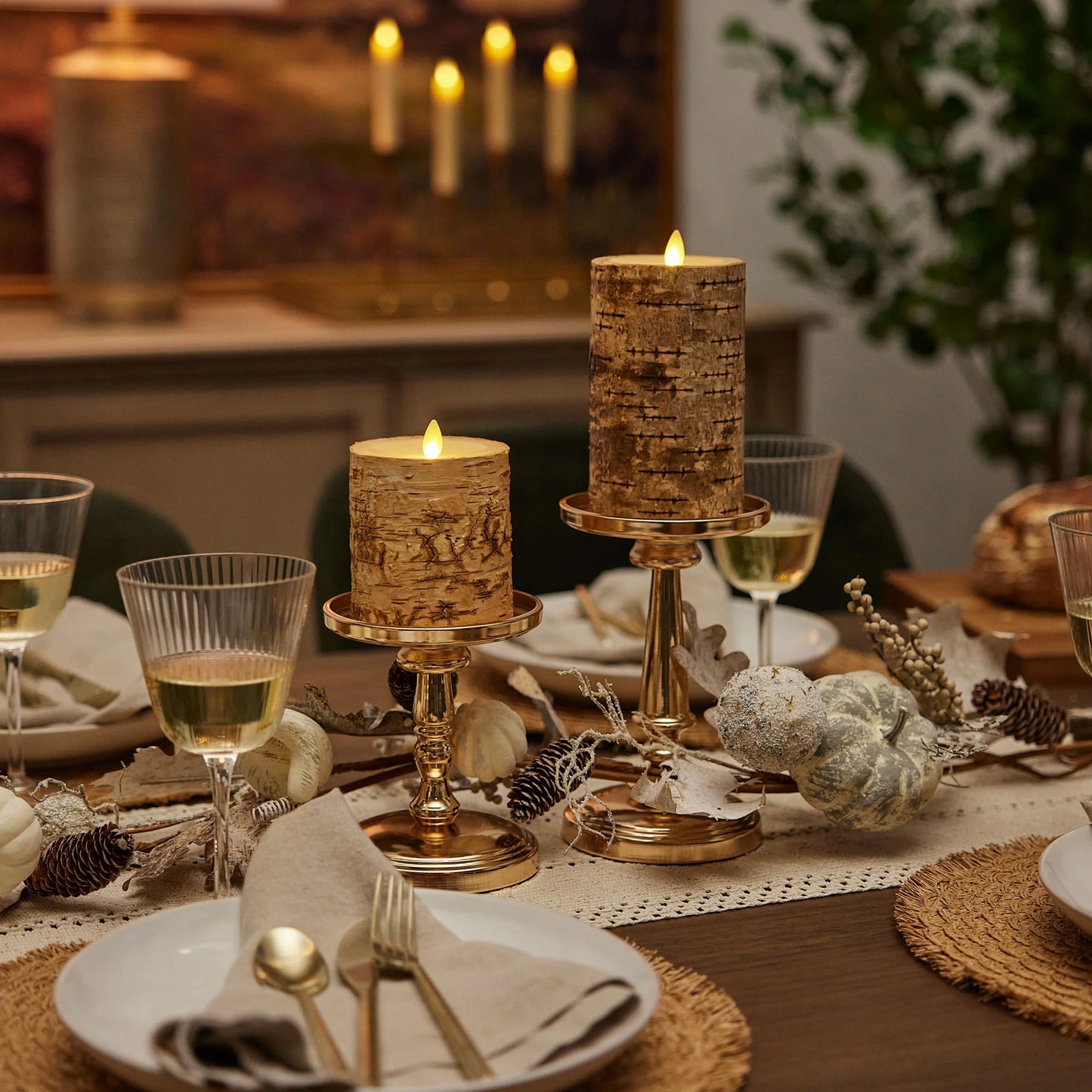 Real Birch Wood Flameless Candle Pillar - Recessed Top - 3.5" Width