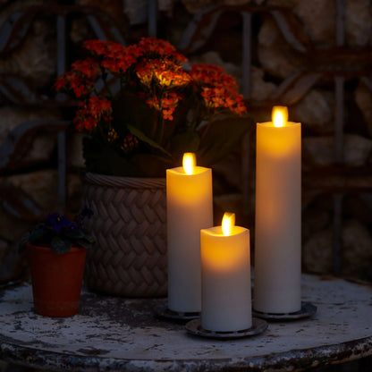Set of 3 Pearl Ivory Outdoor Flameless Candle Slim Pillars with Remote - Melted Top