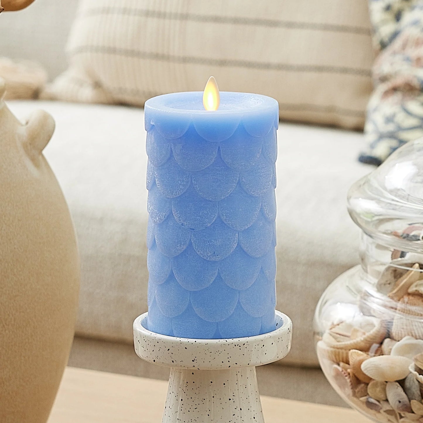 Cornflower Embossed Fish Scale Flameless Candle Pillar