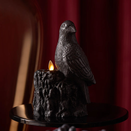 Black Flameless Candle Perching Crow