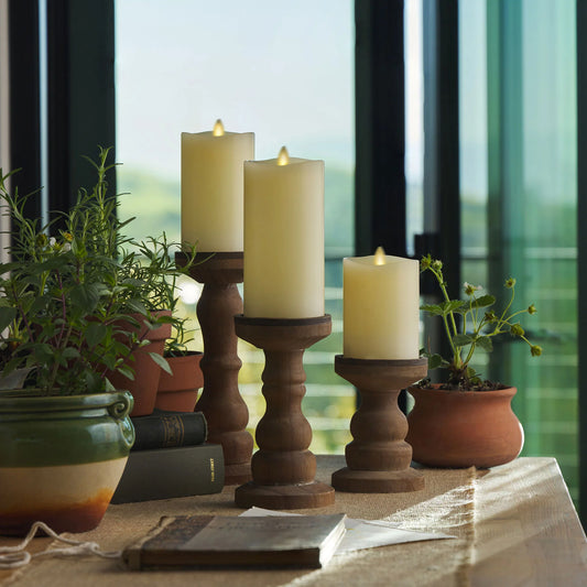 Ivory Flameless Candle Pillars with Remote - Melted Top - Set of 3