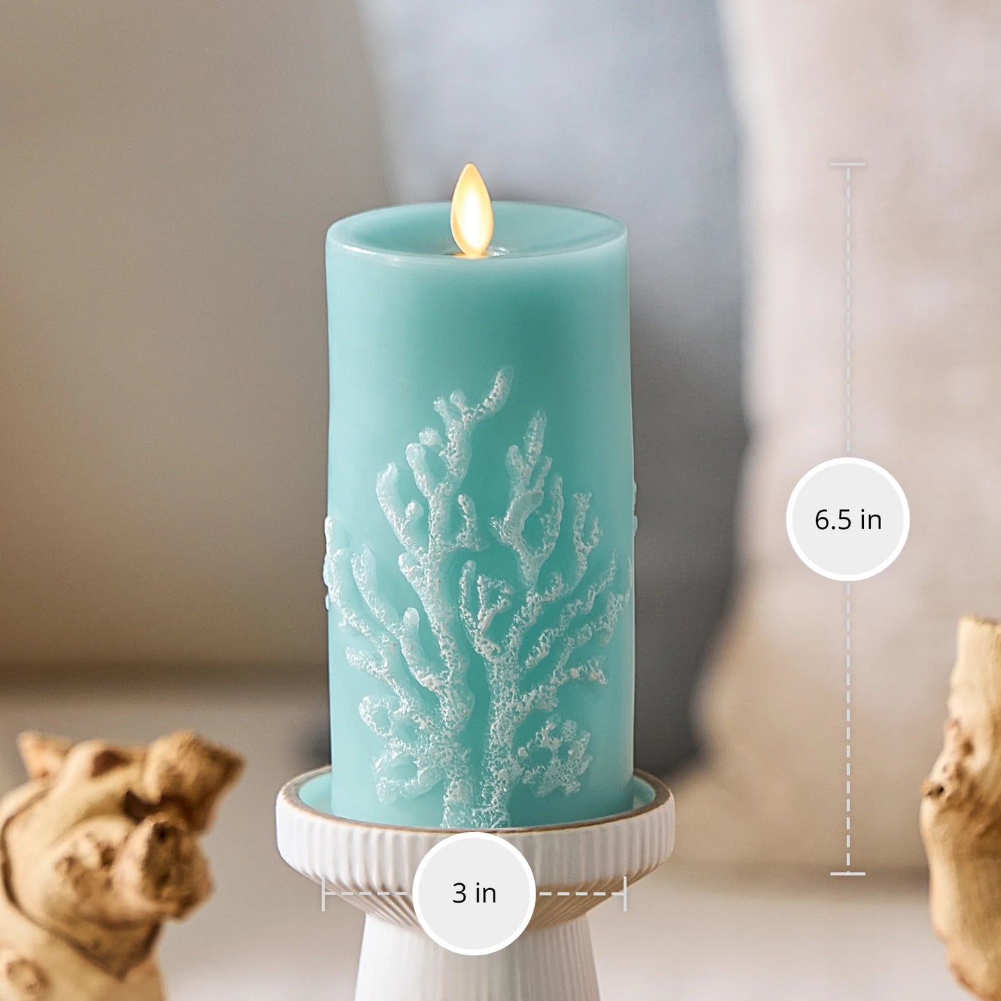 Soft Teal Embossed Coral Flameless Candle Pillar
