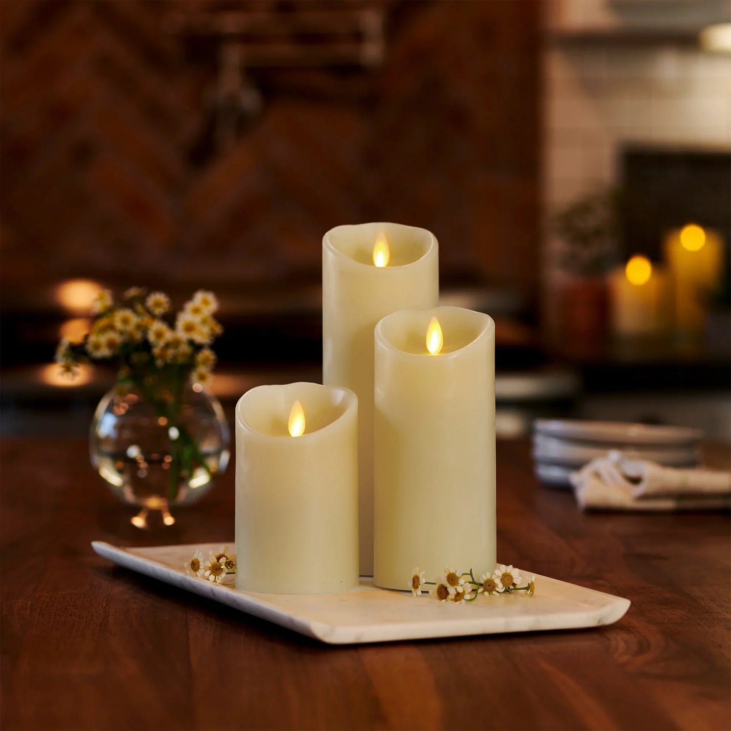 Ivory Flameless Candle Pillar - Scallop Top Vanilla Scented - 3.5” Width