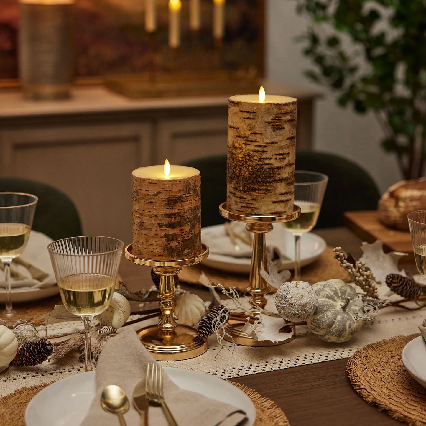 Real Birch Wood Flameless Candle Pillar - Recessed Top - 4" Width