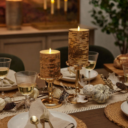 Real Birch Wood Flameless Candle Pillar - Recessed Top - 4" Width
