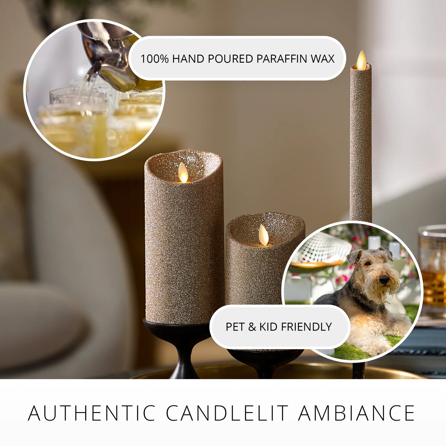 Champagne Glow Glitter Flameless Candle Pillars