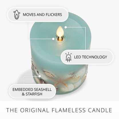 Soft Teal Embedded Seashell & Starfish Flameless Candle Pillar