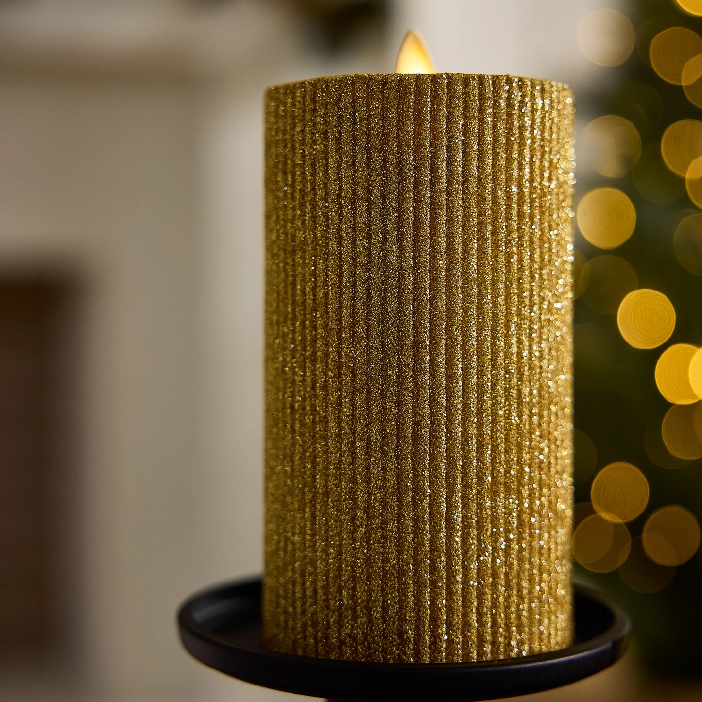 Rich Gold Glitter Ribbed Flameless Candle Pillar