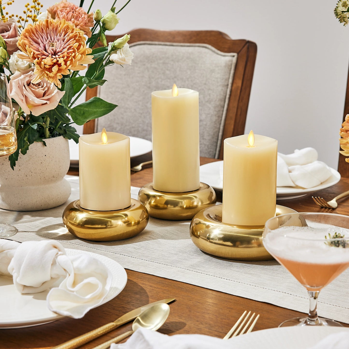 Ivory Flameless Candle Pillars with Remote - Melted Top - Set of 3
