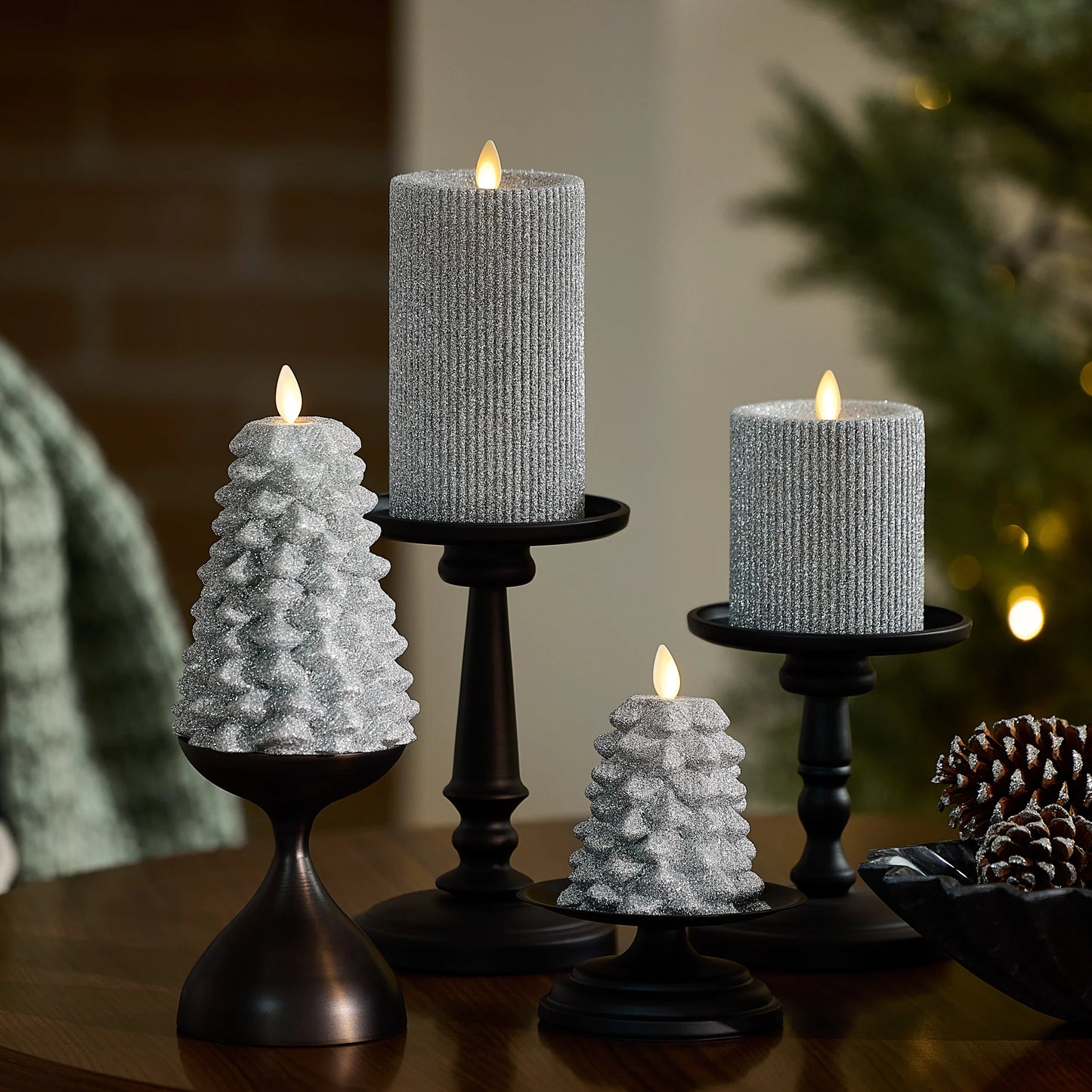 Brilliant Silver Glitter Ribbed Flameless Candle Pillar
