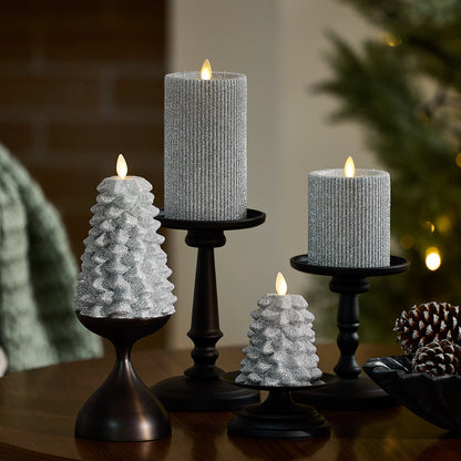Brilliant Silver Glitter Ribbed Flameless Candle Pillar