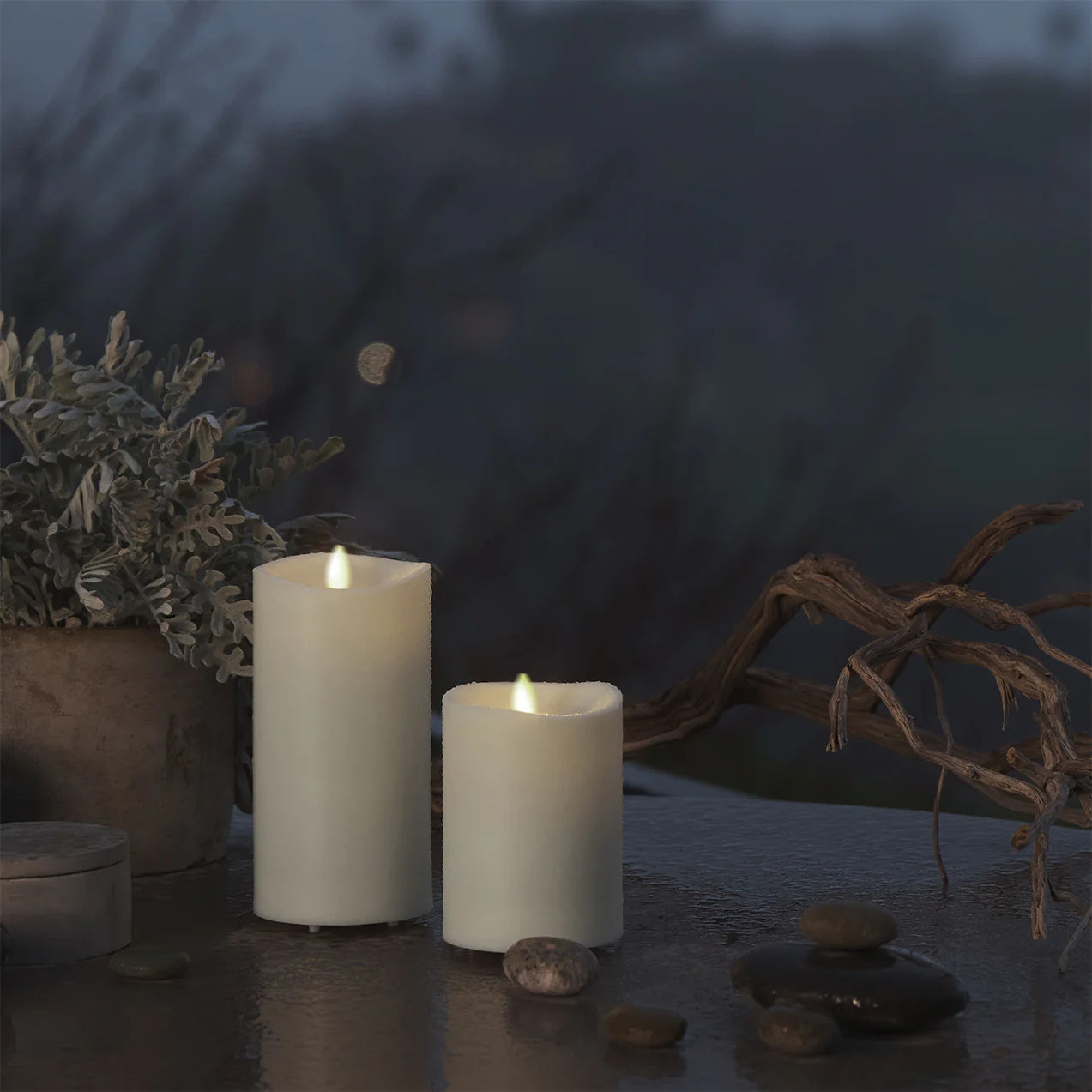Pearl Ivory Outdoor Flameless Candle Pillar - Melted Top - 3.25" Width