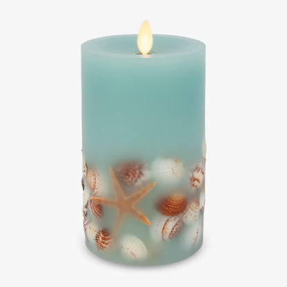 Soft Teal Embedded Seashell & Starfish Flameless Candle Pillar
