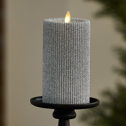 Brilliant Silver Glitter Ribbed Flameless Candle Pillar