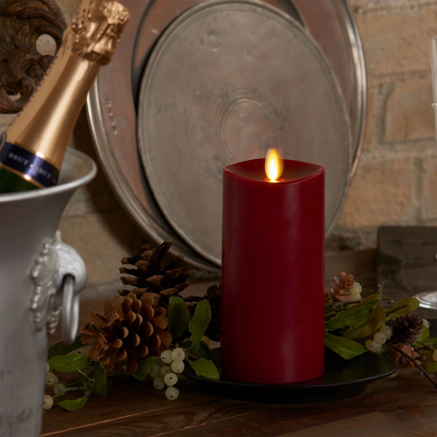 Burgundy Flameless Candle Pillar - Melted Top - 3" Width