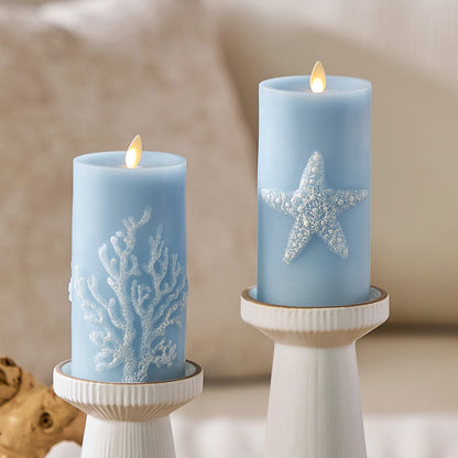 Soft Chambray Embossed Coral Flameless Candle Pillar