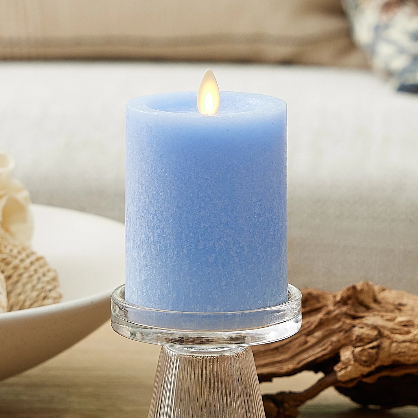 Cornflower Seaglass Flameless Candle Pillar