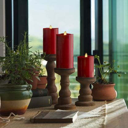 Burgundy Flameless Candle Pillars with Remote - Melted Top - Set of 3