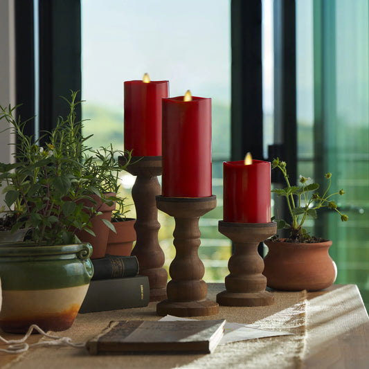 Burgundy Flameless Candle Pillars with Remote - Melted Top - Set of 3