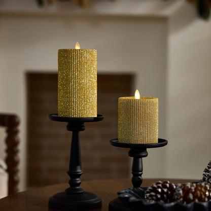 Rich Gold Glitter Ribbed Flameless Candle Pillar