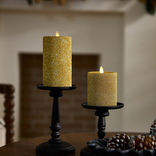 Rich Gold Glitter Ribbed Flameless Candle Pillar