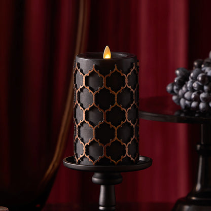 Black Embossed Fretwork Flameless Candle Pillar