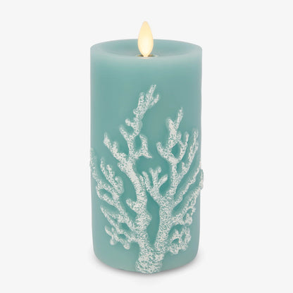 Soft Teal Embossed Coral Flameless Candle Pillar