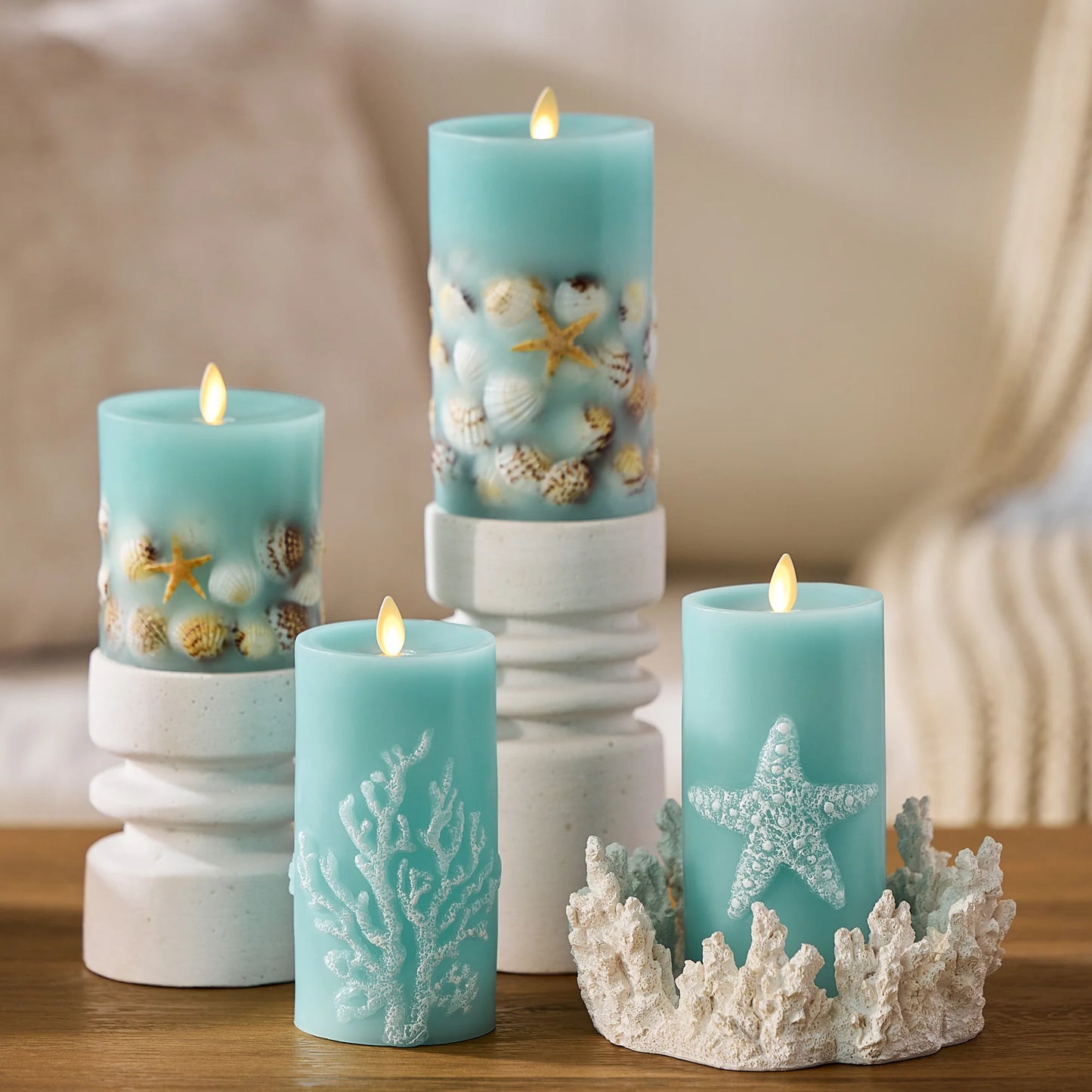 Soft Teal Embedded Seashell & Starfish Flameless Candle Pillar