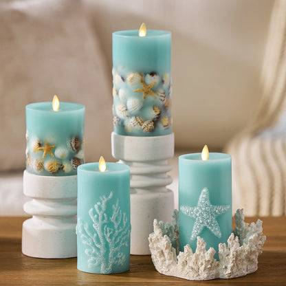 Soft Teal Embedded Seashell & Starfish Flameless Candle Pillar
