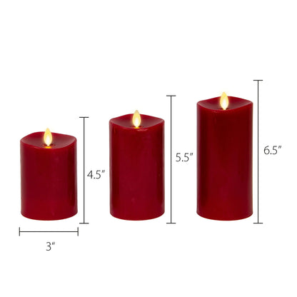Burgundy Flameless Candle Pillars with Remote - Melted Top - Set of 3