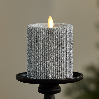 Brilliant Silver Glitter Ribbed Flameless Candle Pillar
