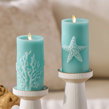 Soft Teal Embossed Coral Flameless Candle Pillar