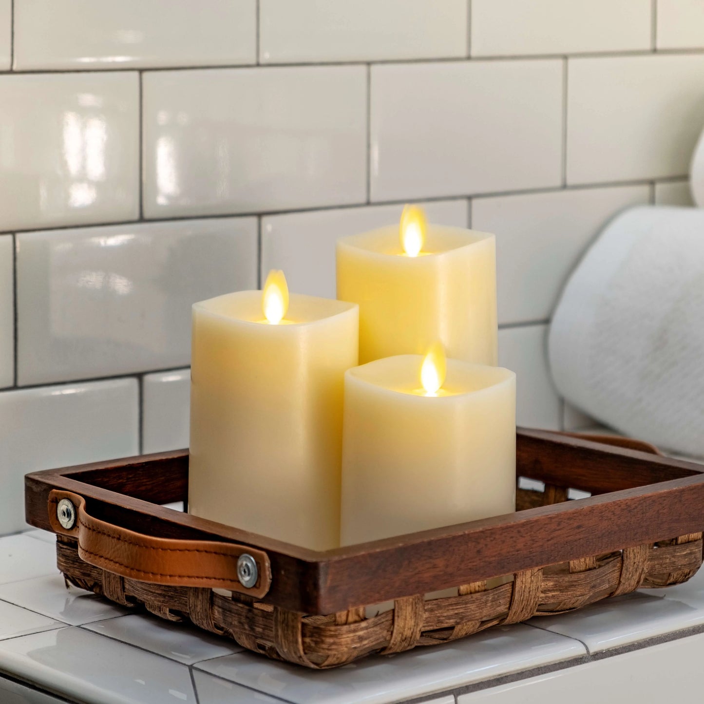 Ivory Flameless Candle Pillars with Remote - Melted Top - Set of 3
