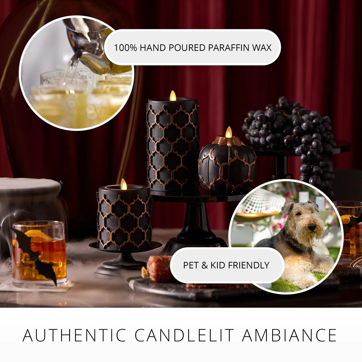 Black Embossed Fretwork Flameless Candle Pillar