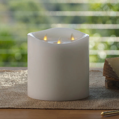 White Flameless Candle Tri-Flame Grand Pillar - Melted Top