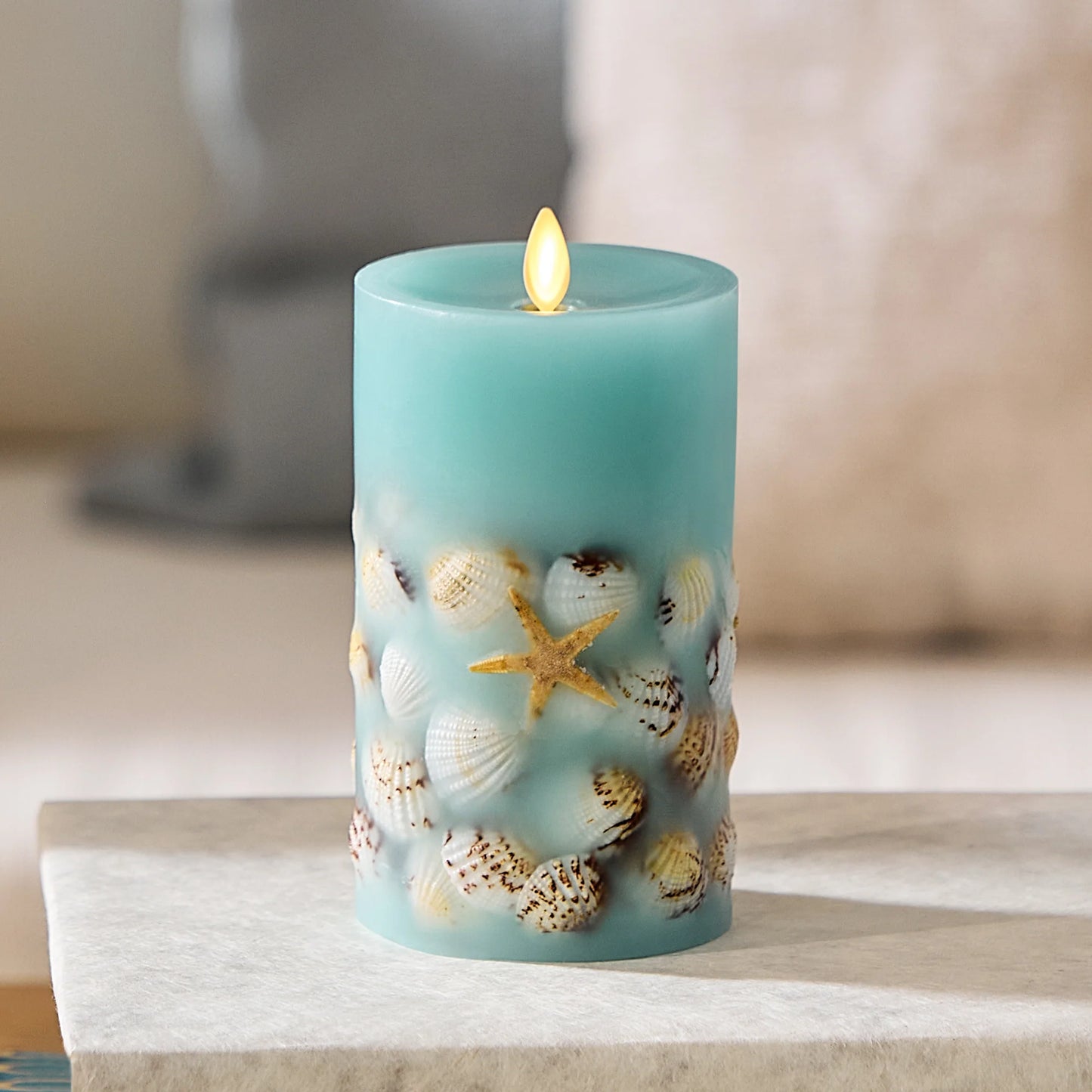 Soft Teal Embedded Seashell & Starfish Flameless Candle Pillar