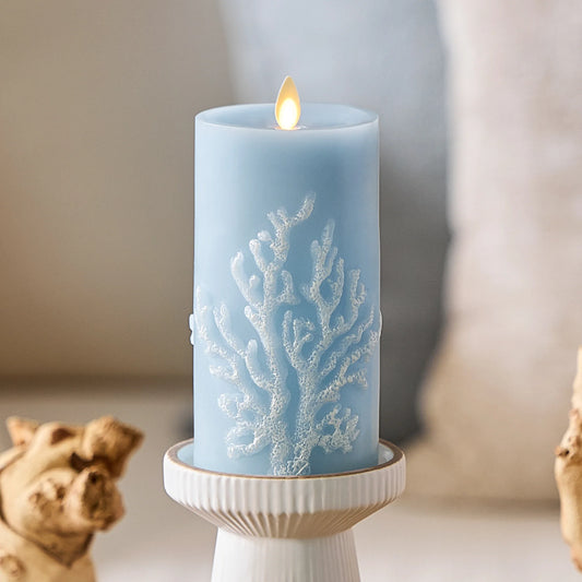 Soft Chambray Embossed Coral Flameless Candle Pillar