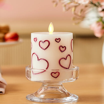 White Porcelain with Metallic Raspberry Hearts Flameless Candle Pillar