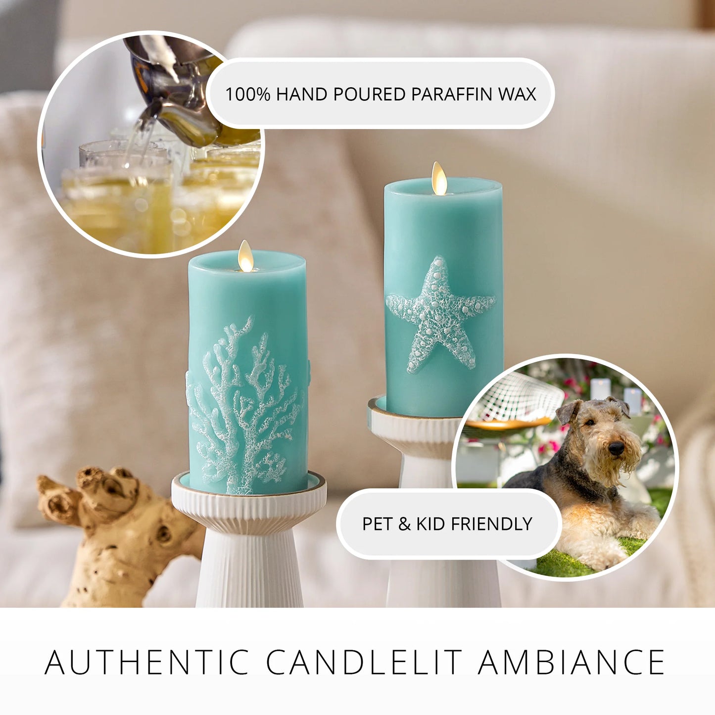 Soft Teal Embossed Coral Flameless Candle Pillar