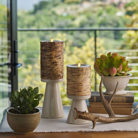 Real Birch Wood Flameless Candle Pillar - Recessed Top - 4" Width