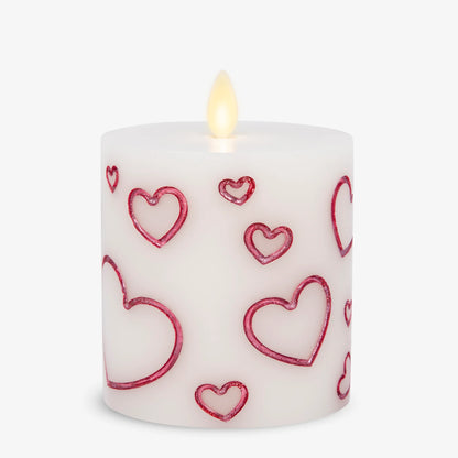 White Porcelain with Metallic Raspberry Hearts Flameless Candle Pillar