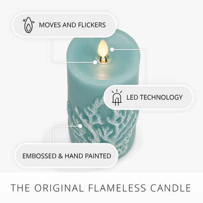 Soft Teal Embossed Coral Flameless Candle Pillar
