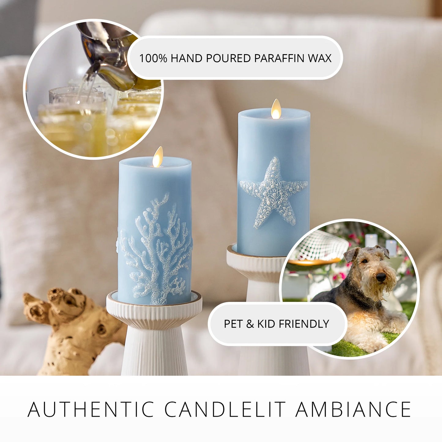 Soft Chambray Embossed Coral Flameless Candle Pillar