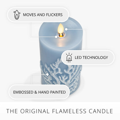 Soft Chambray Embossed Coral Flameless Candle Pillar