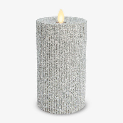 Brilliant Silver Glitter Ribbed Flameless Candle Pillar