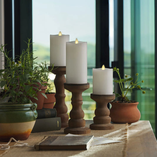 White Flameless Candle Pillars with Remote - Melted Top - Set of 3