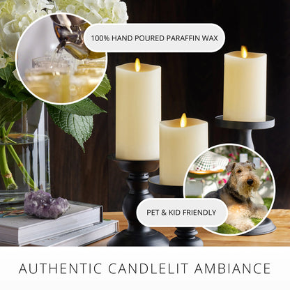 Ivory Flameless Candle Pillars with Remote - Melted Top - Set of 3