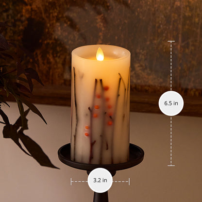 Pearl Ivory Embedded Orange Berries & Twigs Flameless Candle Pillar