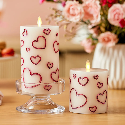 White Porcelain with Metallic Raspberry Hearts Flameless Candle Pillar